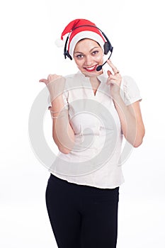 Pretty phone operator in Santa hat isolated