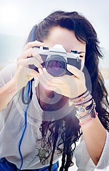 Pretty Photographer Woman Beach Vacation Lifestyle Concept