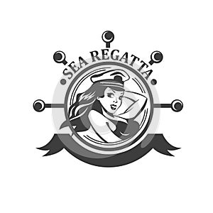 Pretty pin up girl, sailor old school style. Sea Regatta sign. Vector illustration