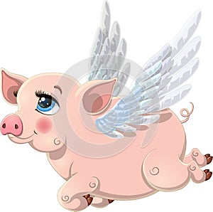 Pretty pink flying pig with wings isolated on white background