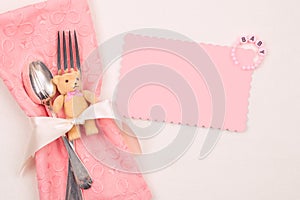 Pretty Pink Girl Baby Shower Table Setting with Blank Card with room or space for your text, words or copy. Horizontal looking do