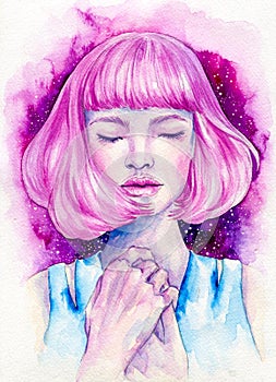 Pretty pink haired girl hand drawn watercolor illustration