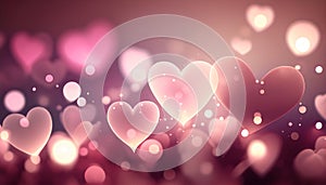 Pretty pink hearts and bokeh lighting background. Generative Ai.