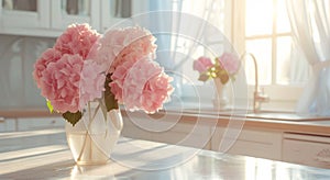 pretty pink hydrangeas on kitchen counter with blueandwhite curtains photo