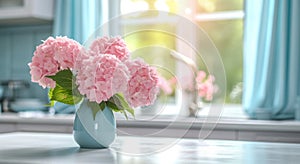 pretty pink hydrangeas on kitchen counter with blueandwhite curtains