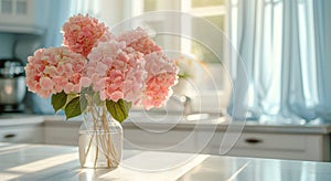 pretty pink hydrangeas on kitchen counter with blueandwhite curtains