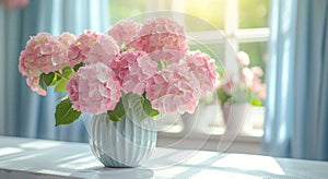 pretty pink hydrangeas on kitchen counter with blueandwhite curtains photo