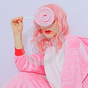 Pretty Pink Pajamas Party Girl. Lollipop candy lover. Home Relax style. Kigurumi shop concept