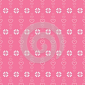 Pretty pink vector seamless pattern with flowers and hearts