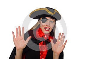 Pretty pirate girl in carnival clothing isolated