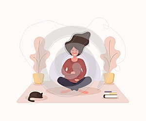 Pretty pregnant woman doing yoga, having healthy lifestyle and relaxation, exercises for girls. Modern vector flat