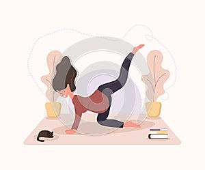 Pretty pregnant woman doing yoga, having healthy lifestyle and relaxation, exercises for girls. Modern vector flat