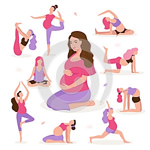 Pretty pregnant woman doing yoga, having healthy lifestyle and relaxation, exercises for pregnant women vector flat