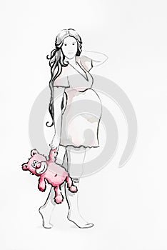 Pretty pregnant woman with a pink teddy bear