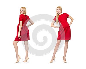 The pretty pregnant woman in red dress isolated on white