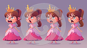 Pretty princess with gold crown and pink dress. Fairytale queen, cute, angry, and happy girl with showing tongue. Modern