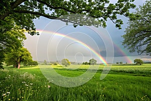 Pretty rainbow in a field with trees