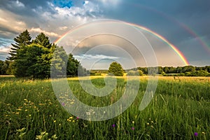 Pretty rainbow in a field with trees