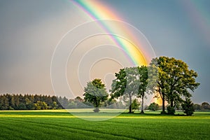 Pretty rainbow in a field with trees