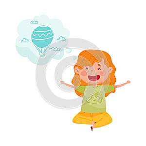 Pretty Red Cheeked Girl Sitting on the Floor and Dreaming about Air Balloon Vector Illustration