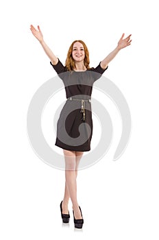 Pretty red hair girl in brown dress isolated on