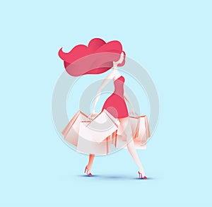 Pretty redhead girl in red dress going back from shopping with shopping bags in her hands