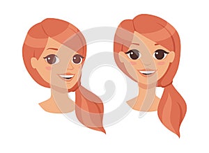 Pretty Redhead Woman Character Face with Ponytail with Different Emotion Vector Set