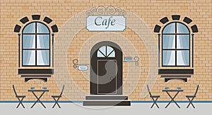 Pretty scenery in a rustic style. A facade of cafe, brick wall, two windows, door, stairs, curtains. The cute tables with cups of