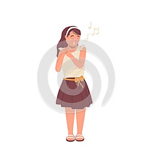 Pretty schoolgirl singing song, attractive young female vocalist performing with music track