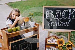 Pretty Schoolgirl Sit At Desk Hold Globe Outside