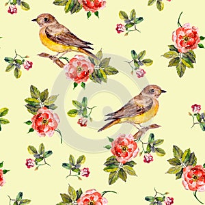 Pretty seamless yellow background with rose flowers and birds