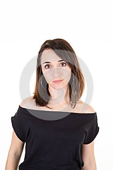 Pretty serious woman on a white background in classic portrait