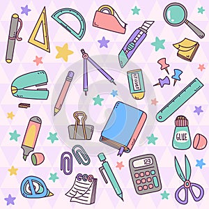 Set of Stationery vector illustrations. Vector office supplies collection. School tools clipart graphics.