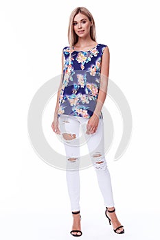 Pretty lady beautiful woman clothes wear stylish white deni photo