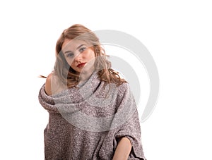 Pretty young blond woman portrait in studio on isolated whi