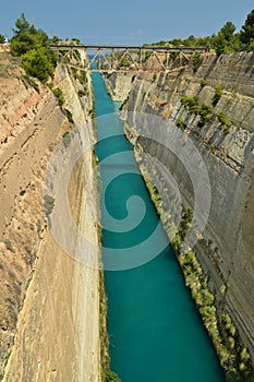 Pretty Shot Of The Corinth Canal With Precise Bridges Crossing It From One Side To The Other. Architecture, Travel, Landscapes.