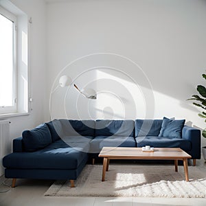 Pretty simple decor of living room with blue sofa and light blue wall