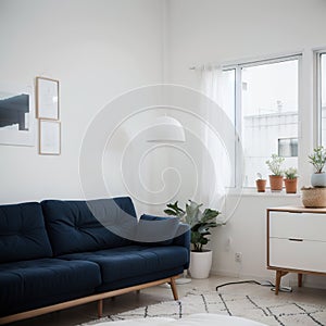 Pretty simple decor of living room with blue sofa and light blue wall