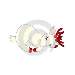 Pretty sleeping deer with red antlers and hoofs in Cartoon style on white isolated background, vector illustration for prints,