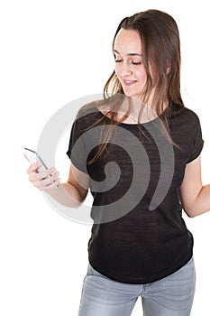 Pretty slim young woman smiling with mobil phone against white background