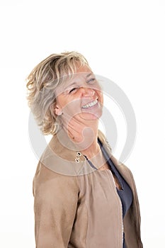 Pretty smiling blonde mature woman middle aged on white background