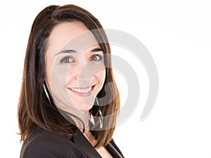 Pretty smiling brunette portrait with blanck white copyspace background