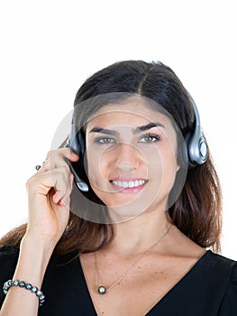 Pretty smiling businesswoman in callcenter phone center