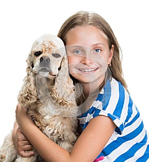 Pretty smiling girl with american spaniel