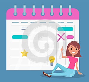 Pretty smiling girl sitting near big calendar, planning events, meetings, organizer or event planner
