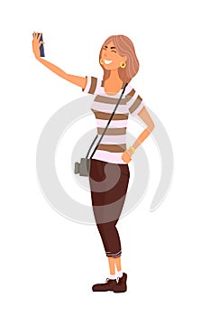 Pretty smiling girl taking selfie with mobile device isolated on white. Young student happy tourist. Blogging during