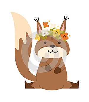 Pretty squirrel with floral wreath flat icon Zoo animal