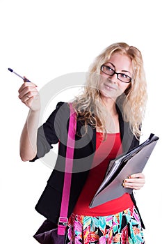 Pretty student girl pointing with pen