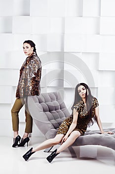 Pretty stylish woman in fashion dress with leopard print together in luxury rich room interior, lifestyle people concept