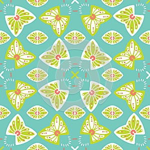 Pretty stylized floral pattern. Seamless repeating. Hand drawn butterfly vector illustration.